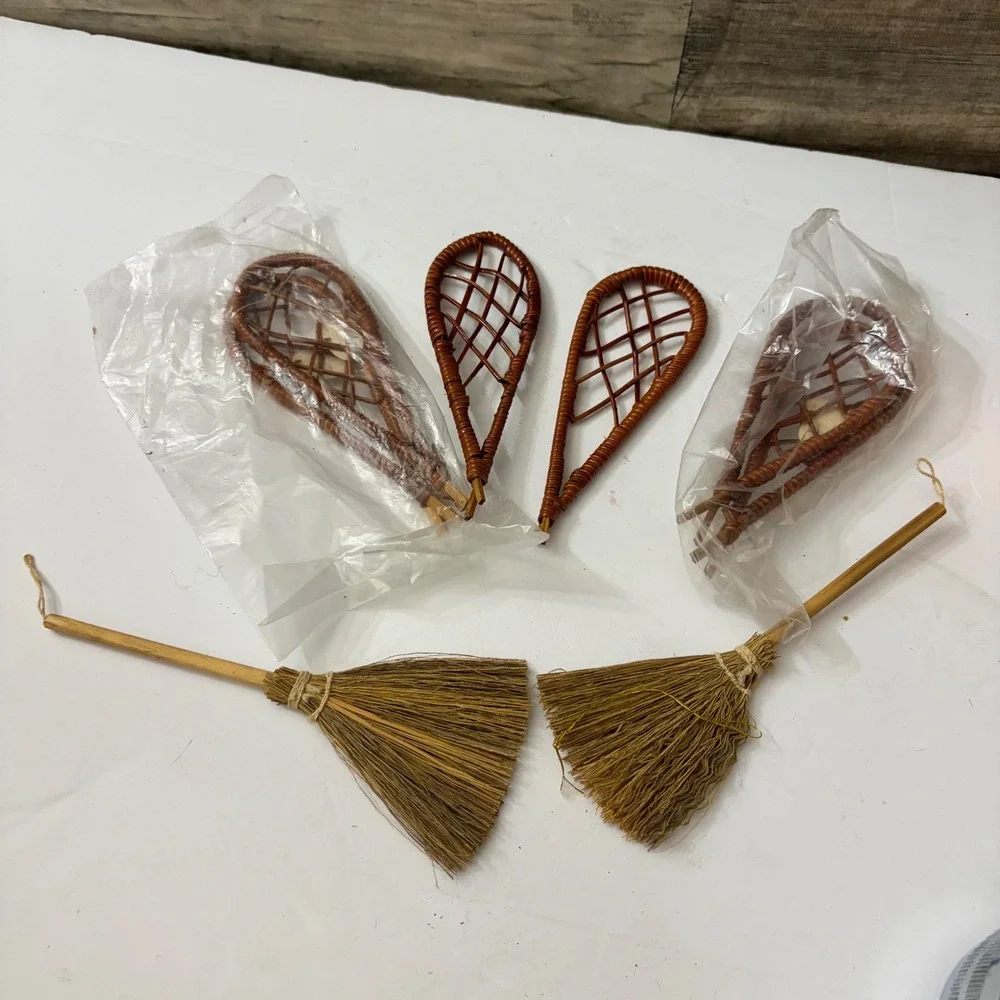 Vintage Miniature Snowshoes and Straw Brooms Rustic Winter Lodge Decor Set of 6